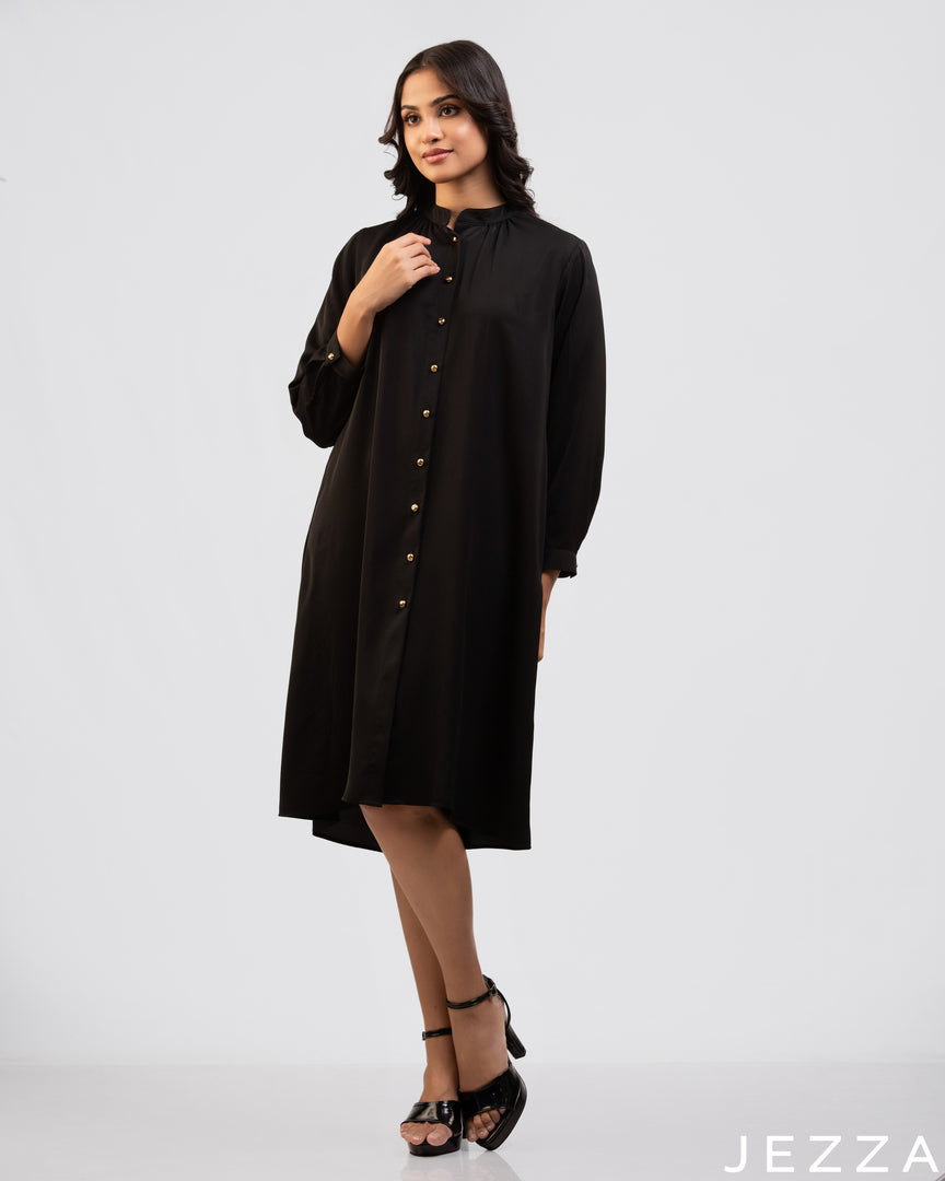 Midnight Form: Black Mandarin-Collar Knee Top 76182