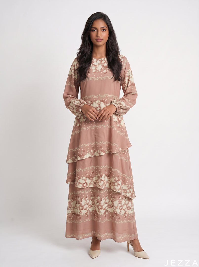 Floral Haze: Flowing Long Sleeve Dress 81761