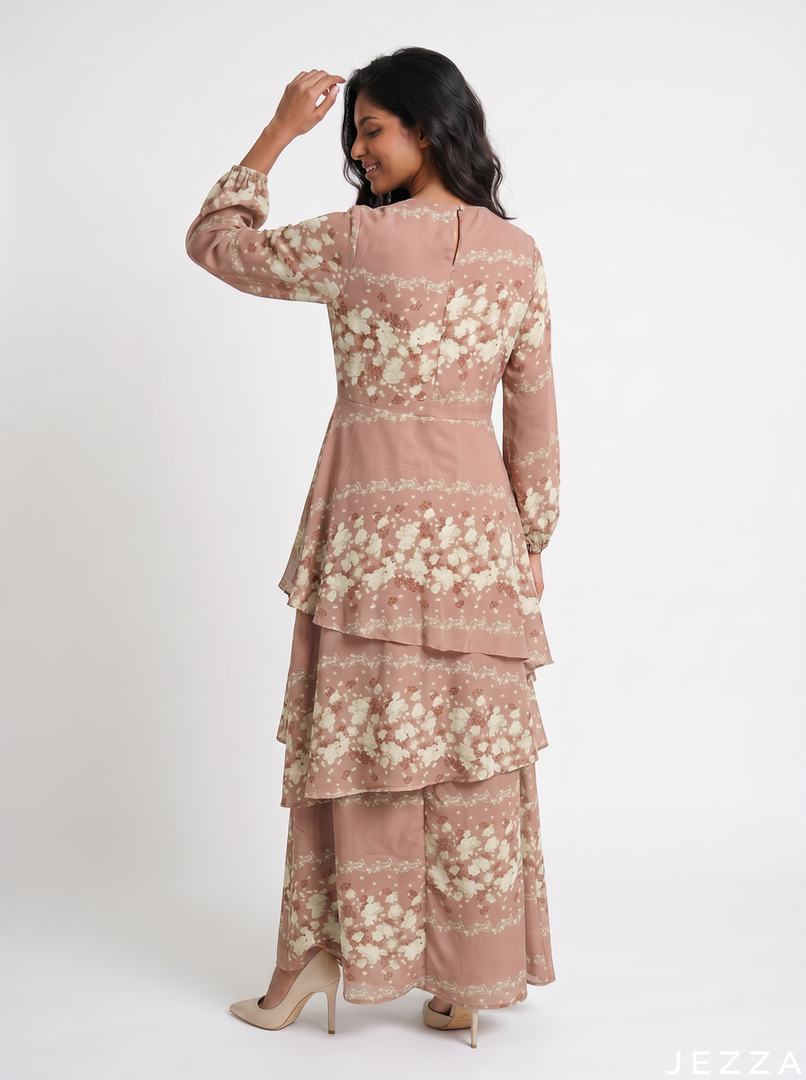 Floral Haze: Flowing Long Sleeve Dress 81761