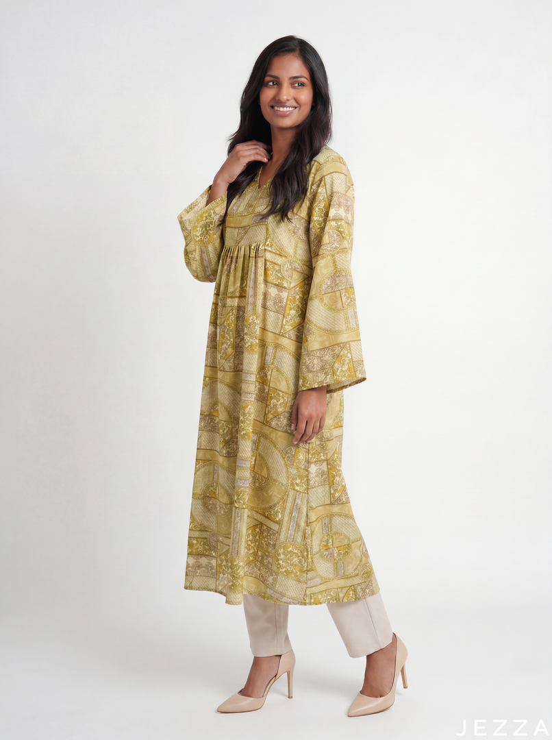 Eclectic Harmony: Patchwork Print Midi Top 79502