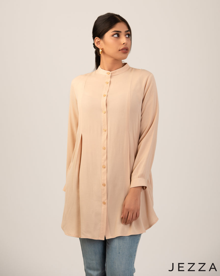 Modern Ease: Mandarin Collar Long Sleeve Top 71911